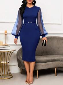 SHEIN Lady Vestido de Convidada de Casamento Ajustado com Contraste de Tela Colorida - Azul Royal - Visão 3