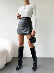 EURMUSE Women's Pu Leather Skorts - Black - View 3