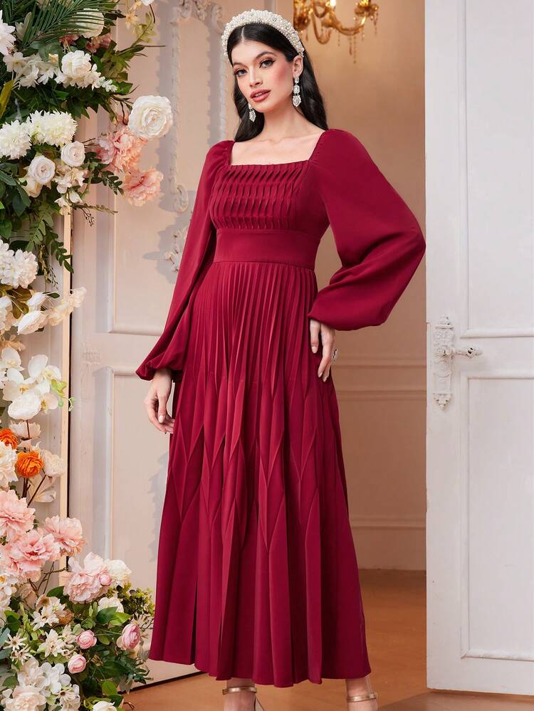 Burgundy Red Women'S Square Neck Lantern Sleeve Pleated Dress Long Evening Dresses