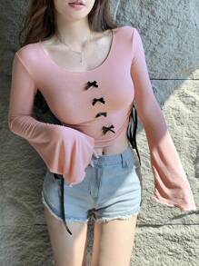 DAZY Của phụ nữ Quần skinny Áo thun Với Chi tiết cung - Hồng - Xem 7