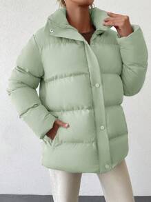 EURMUSE Zip Up Snap Button Puffer Coat - Green - View 5