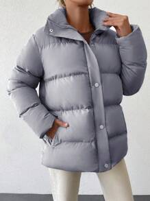 EURMUSE Zip Up Snap Button Puffer Coat - Grey - View 4