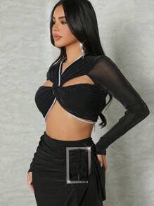 Hauture 对比色镂空扭纹亮片长袖短款性感上衣 - 黑色 - 查看 4