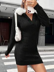 SHEIN EZwear Women'S Hooded Splicing Sweater Dress - Black - View 3