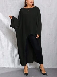 SHEIN Privé Plus Size Asymmetric Hem Batwing Sleeve Long Blouse - Black - View 4