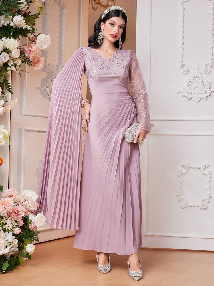 Women'S Dress With Plant Embroidery And Pleated Hem,Elegant Evening Party Dress Long Evening Dresses
