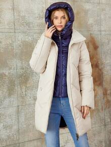 女用米色前拉鍊襯墊大衣 - 米色 - 查看 4