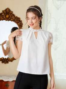 SHEIN 少女編織拼接蕾絲空心寬鬆休閒襯衫 - 白色 - 查看 3