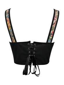 Floral Print Tie Shoulder Cami Top - Black - View 2