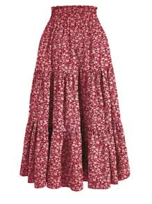 Ditsy Floral Layered Ruffle Elastic Waist Vacation Skirt