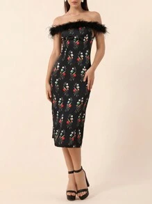 SHEIN Privé Váy midi ôm họa tiết hoa trễ vai thanh lịch và chắp vá lông thú cho nữ - màu đen - Xem 3