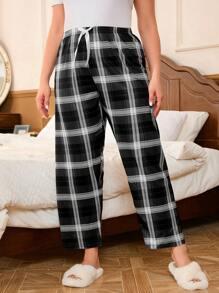 女款大尺寸格子家居服睡眠短褲 - 黑色 - 查看 5