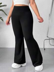 SHEIN EZwear 大尺碼純色喇叭褲夏季套裝 - 黑色 - 查看 3