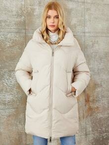女用米色前拉鍊襯墊大衣 - 米色 - 查看 5