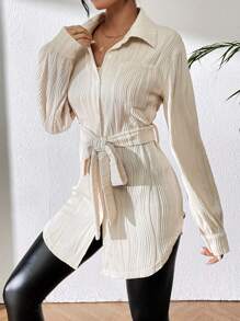 SHEIN Frenchy Women's Solid Color Textured Belted Shirt - White - View 1