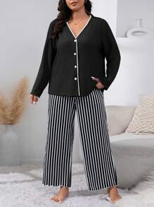 條紋大尺碼女休閒睡衣套裝 - 黑色 - 查看 5