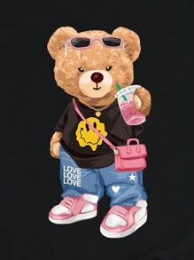 SHEIN Camiseta de mujer de manga corta con diseño estampado de oso de peluche, blusas para mujeres - Negro - Ver 3