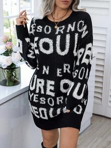 Calvaya 大尺碼女式全字母圖案短版針織毛衣連身裙 - 黑色 - 查看 6