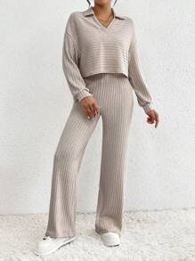 SHEIN Frenchy V領長袖t恤和褲子2入套裝 - 杏色 - 查看 3