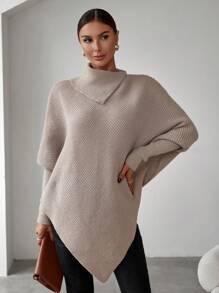 SHEIN Clasi Cổ giả tay cánh Viền không đối xứng Áo len Poncho - Lạc đà - Xem 4