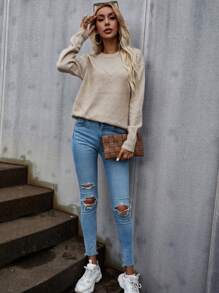 SHEIN LUNE 休閒純色落肩毛衣 - 駝色 - 查看 4