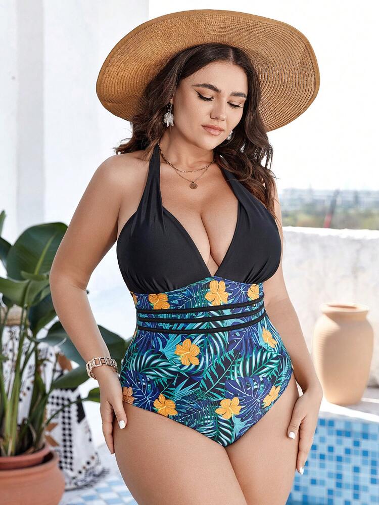 Plus Size Tropical Printed Patchwork One Piece Swimsuit Summer