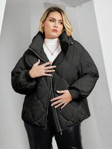 Astrid 女式大碼純色帽衫拉鍊前墊充外套 - 黑色 - 查看 5