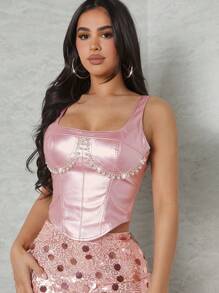 Hauture Áo ba lỗ kim loại đính đá giả ngọc trai - Hồng - Xem 1