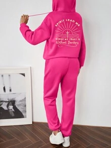 SHEIN EZwear Women'S Back Printed Hoodie And Jogger Pants Two Piece Set - Hot Pink - View 1
