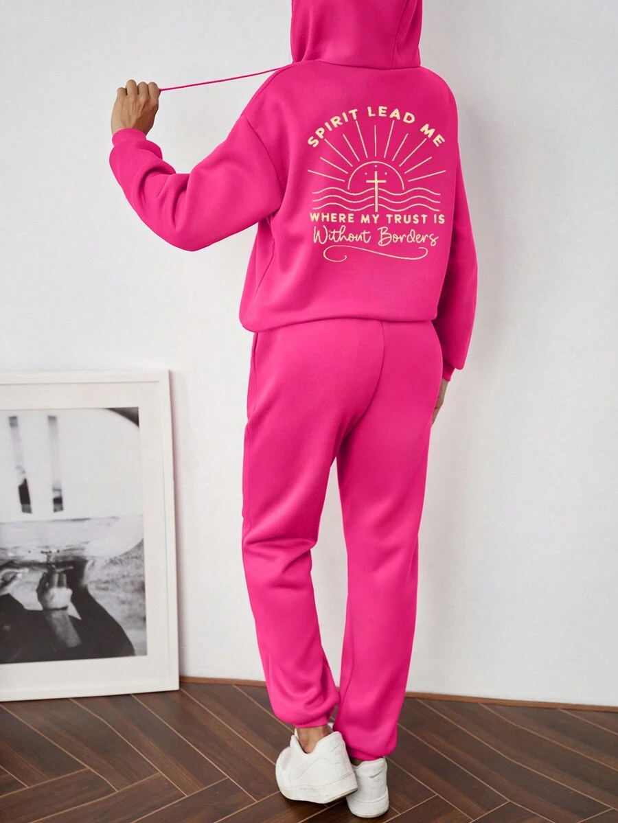 SHEIN EZwear Women'S Back Printed Hoodie And Jogger Pants Two Piece Set - Hot Pink - View 1