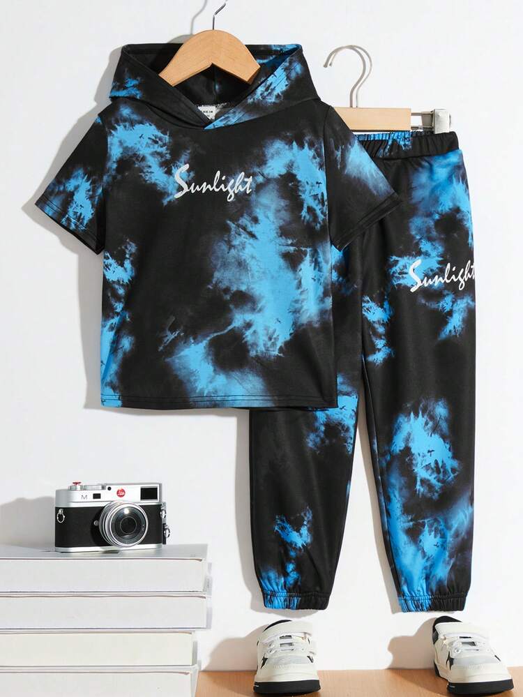 2pcs Young Boy Tie-Dye Letter Printed Short Sleeve Hooded Top And Jogger Pants