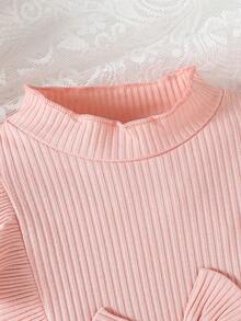 SHEIN 幼兒女童襯衫式立領上衣配蝴蝶結和荷葉袖,並搭配牛仔喇叭褲 - 彩色 - 查看 4