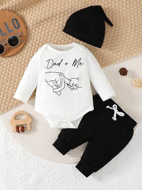 SHEIN Set Aus Baby Jungen Brief Bedrucktem Langarm-body, Hose Und Hut
