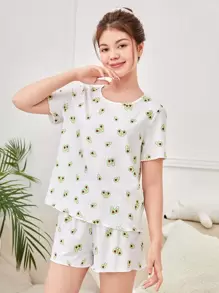 SHEIN Conjunto De Ropa De Hogar Para Adolescentes De Niñas, Camiseta Y Shorts Con Volantes Y Patrón De Aguacate Tejido Acanalado - Multicolor - Ver 3