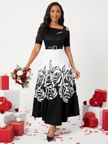 SHEIN Lady Vestido asimétrico de hombro con estampado floral - Blanco y Negro - Ver 3