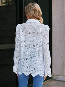 SHEIN Frenchy 女士刺繡長袖襯衫 - 白色 - 查看 2