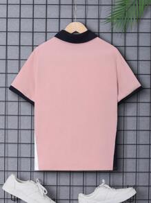 Boys' Loose Fit Casual Color Block Polo Shirt With Turn-Down Collar And Letters Patch, Short Sleeve - Pink - View 2