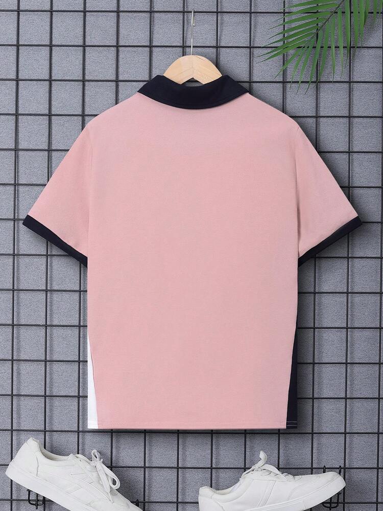 Boys' Loose Fit Casual Color Block Polo Shirt With Turn-Down Collar And Letters Patch, Short Sleeve