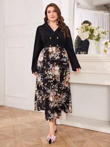 Modelyn Kích thước lớn Của phụ nữ Bộ đồ Vòng cổ In hoa Vá lại Đầm - màu đen - Xem 4