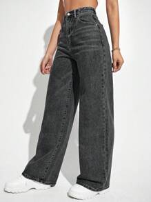 SHEIN ICON Damskie jeansy Guziki Kieszeń Zamek błyskawiczny Prosty