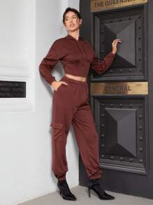 SHEIN Unity Women'S Solid Color 2-Piece Set - Rust Brown - View 4