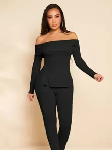 SHEIN SXY 羅紋露肩上衣和褲子 - 黑色 - 查看 1