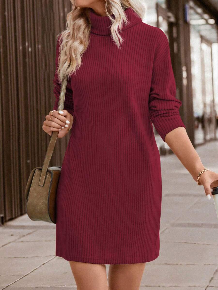 Mini Vestido Corto De Manga Larga De Farol Con Cuello Alto, Cintura Alta, Acampanado, Para Mujer 2025, Rojo -, Pequeña