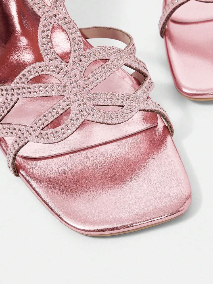 Pre-embellished Rhinestone Square Toe Comfortable High Heeled Sandals For Women