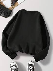 SHEIN EZwear Của phụ nữ In thư Lông cừu Áo nỉ - màu đen - Xem 2