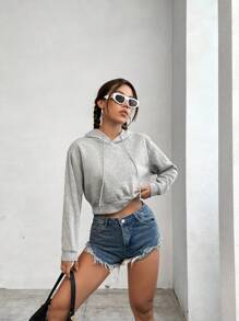 SHEIN EZwear 女性連帽短款套頭衫,帶束口 - 淺灰色 - 查看 5