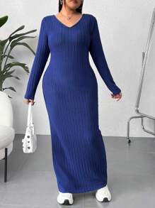 SHEIN EZwear Plus Size Women's Long Sleeve Ribbed Dress - Royal Blue - View 3
