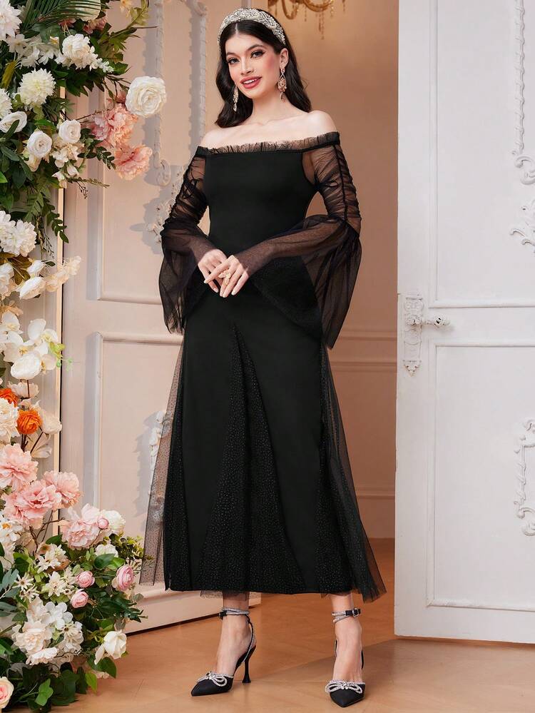 Off-Shoulder Mesh Trumpet Sleeve Dress Long Evening Dresses