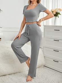 純色女士家居服套裝 - 灰色 - 查看 4