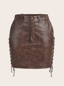 SHEIN EZwear Women'S Vintage Washed Faded Tie Belted Skirt - Brown - View 1